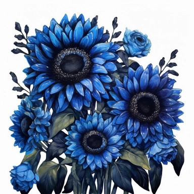 Behold a magnificent bouquet of blue sunflowers, their majestic petals dancing gracefully with hints of cerulean and azure hues. The contrast of their vibrant blue against the inky black centers captivates the eye and evokes a sense of wonder. With a whiteground in clipart