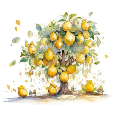 A whimsical comic strip featuring delightful watercolor clipart lemons on a white background. The artwork is influenced by the playful style of Calvin and Hobbes by Bill Watterson. The lemons are portrayed with expressive lines and exaggerated shapes, exuding a sense of joy and humor. The color temperature varies, incorporating both warm and cool tones. The lighting is dynamic, highlighting key elements and creating visual interest. The atmosphere is cheerful and lighthearted.