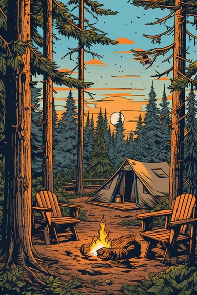 camping scene with campfire, chairs, and tent in the woods during the summer months. vector clip art illustration, detailed, rustic