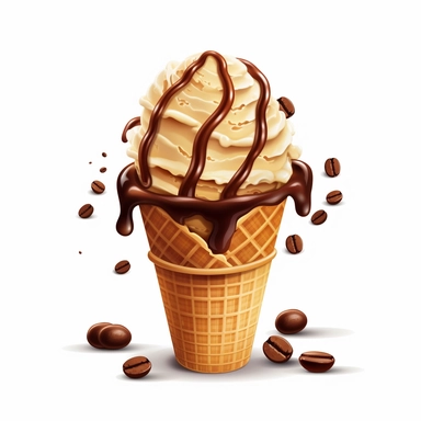 coffee bean ice cream in a cone, Clipart, vector art, white background