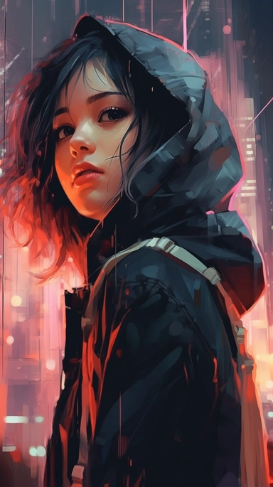 beautiful stunning pretty vintage cyberpunk anime girl, paint art style, clipart, city landscape background, superrealistic, one of a kind