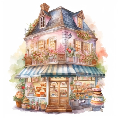 a very cute bakery shop with lots of cake and dessert , clipart, exterior view, cozy, flowers, luminious, dramatic lighting, super detailed, daytime, Thomas Kinkade style, watercolor, 8k, on isolated white background