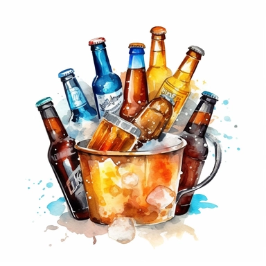 one ice bucket and beer bottle clipart on a white background, in the style of ink wash painter, light azure and dark amber, light amber and silver, light gold and light amber, luminous 3d objects , no watermark, text, 300 DPI , typography, shapes do not stick together, no text in the picture, on a white background