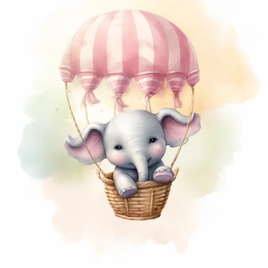 Create a watercolor illustration clipart of a playful cute Baby Elephant Riding Air Balloon, with its full body visible. Use soft, flowing brushstrokes and a warm, inviting color palette to create an image that is both charming and whimsical. Incorporate