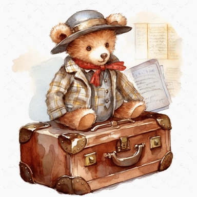 cute baby teddy bear, traveling in luxury antique train with vintage Louis Vuitton suitcases, wearing vintage traveling clothes , sublimation graphics, by Beatrix Potter, Watercolor clipart, single design, print on demand image, PNG transparent background, white background, 8k