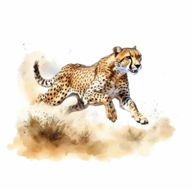 realistic watercolor cheetah running full speed while dodging rocks on the dry african land on solid white background, clipart