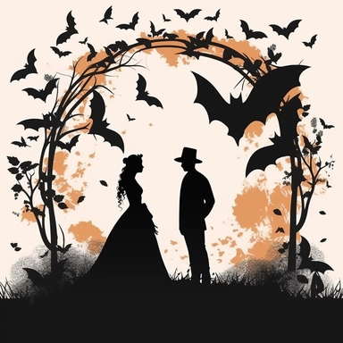 Romantic Wedding Clipart, Bride and Groom Silhouette, bats flying over the bride and groom, halloween pumpkins on the ground, Sweet Love, Wedding Ceremony Arch, Wedding Stationery Elements, Wedding Cake, Engagement Rings, single design, 8k