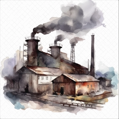 water color smoking factories, that simbolizes the destruction on earth, dark buildings, dirt, clipart, hd, no background