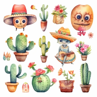 Watercolor cinco de mayo elements , illustrations clipart set, simple, soft colors, cartoon elements, different variants, mexican hat, sugar skulls, squishmallow, rose, little boy, separate elements with a margin