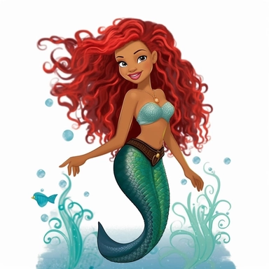 a black little mermaid, disney's ariel, redmafro hair, detailed clipart, full body, detailed fin