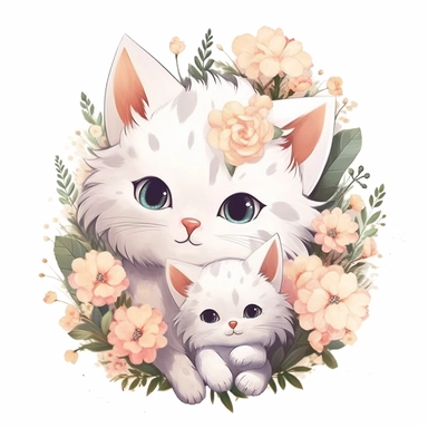 Cute floral illustration, realsitic adorable baby cat hugging his mom happy clipart, nursery style clipart, Nursery Animals Art, Kids Wall Art, Kids Room Decor, Baby Room Decor, isolated on white, ultra - detailed, high quality, ghibli style, award winning