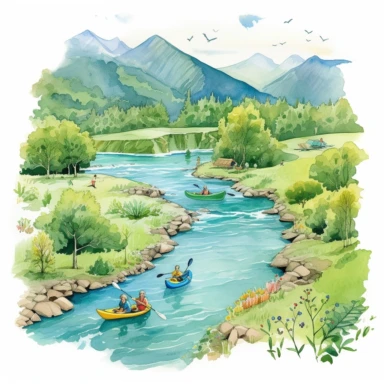 professional gouache hand-painted illustration of Mountain River in the middle surround by trees, flowers, plants, people kayaking on the river, spring, focus on the mountain, Landscape clipart, hiking, nature, camping, white background, natural form, very detailed, deep colour, 8k
