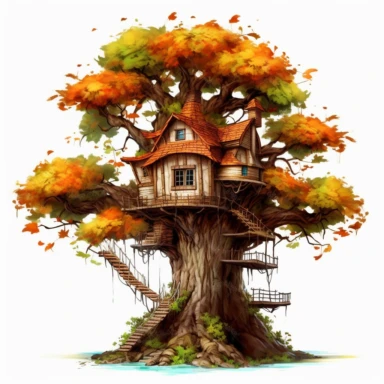 fantasy tree house in maple tree, clipart, white background