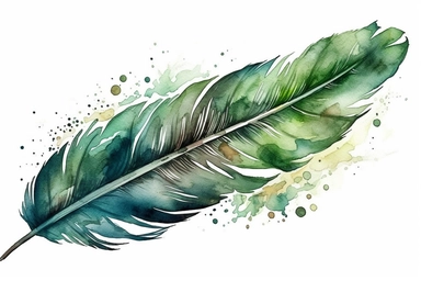 beautiful watercolor clipart of a forest green eagle feather, kawaii style. white background