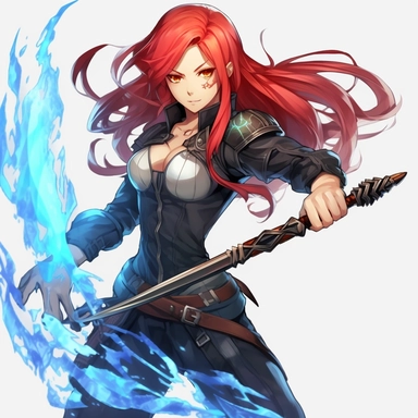 an anime character with red hair and blue flames, transparent background png clipart,anime,a city,a person with red hair and black clothes holding a sword in her hand,friends