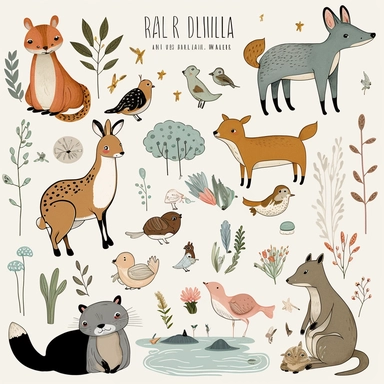 clipart featuring cute, whimsical animals in a variety of poses and situations. The clipart should have a hand-drawn, sketchy style with soft, muted colors to give them a vintage feel. The animals could include woodland creatures such as foxes, rabbits, and deer, or domestic animals such as cats, dogs, and horses. The animals should be depicted doing everyday activities, such as sleeping, eating, playing, or cuddling. Consider including additional elements such as flowers, leaves, or trees to ad