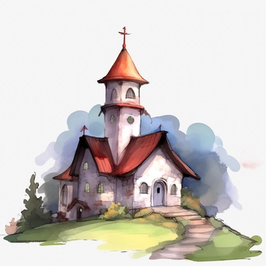 a little cartoon church, pixar, watercolor, clipart, blank background, 8k