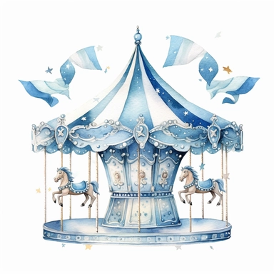 watercolour clipart of blue and white Carousel Nursery Art, with white backgroun