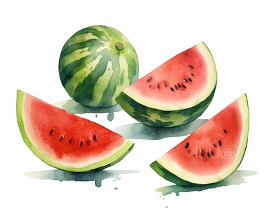 watercolor four big whole watermelon fruits clipart, flat style, no volume, few details, washed out, minimalistic style, very lose details, very light colors, transparent colors, light airy hues and pastel tones, spaced out, white background, washed out colors and paint, hand-painted watercolor, watercolor spray, watercolor splash, splatters and paint smudges on top of each Watermelon, watercolor paper with visible rough paper texture, a variety of watercolor brushes, do not cross workspace bord