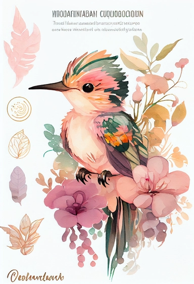 watercolor baby humming bird clipart, full body, chibi, Nursery Art, Nursery Decor, dreamy eyes, magical, high rendering, central focus, scenic background, intricate details, kawaii chibi, by Ross Tran, retro,pink light golden, Cinematic feel, tiger, Tropical,floral, colourfull,