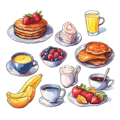 Collection of clipart drawings, breakfast, bold colours, white background