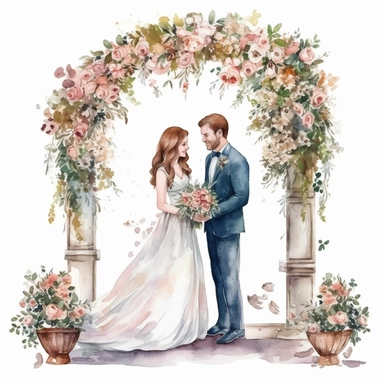 bride and groom at the altar, watercolor clipart with white background, romance, flowers