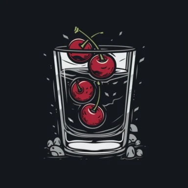 one shot glass with only 4 cherries inside and ice cubes, illustration, logo, simple design, shirt logo, stencil, clip art