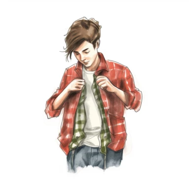 color drawing of a male teenager in the act of putting on clothes. His hair is short and mussed up. The style is simplistic and used for clipart and thumbnail. Plain white background.