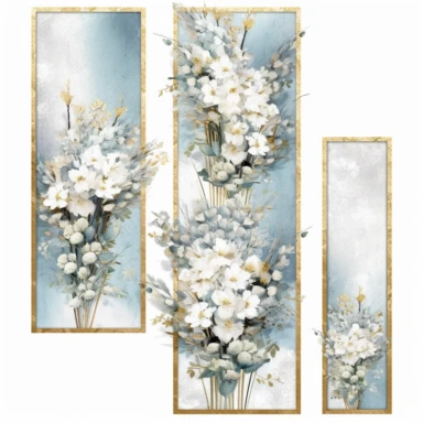 scrapbook paper template, intricate three small bouquets of white floral watercolor clipart on the borders on paper, luxurious textures, nature-inspired pieces, very high resolution