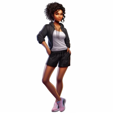 beautiful black teenage girl with beautiful flowing short hair, dressed in fitness attire. Full perspective and, long shot A young black woman with full lips and a big beautiful smile, dressed in a jogger, has short flowing hair and beautiful shapely legs, wearing sneakers, clipart in the style of digital airbrushing, feminine sticker art, dollcore, realistic face, realistic body, glamorous,