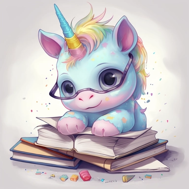 Baby cartoon Unicorn studying for school, highly detailed, anime, adorable, pastel,clipart