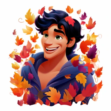 A aladdin from disney , face with so many mapple leaves, smiling, halloween, full body image, pixar style, clipart, white background, fall scene, bright colors, A head shot