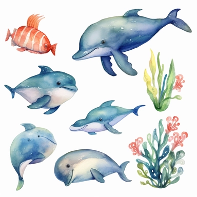 watercolor ocean animals, illustrations clipart set, simple, cartoon elements, different variants, separate elements with a margin