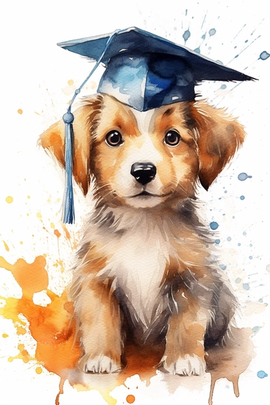 Create a watercolor clipart picture of a cute and happy baby dog wearing a graduation cap. The dog should have an adorable and delighted expression, with its fur depicted in soft watercolor textures. The graduation cap should be adorned with a tassel and placed on the dog's head. Surround the dog with celebratory elements such as confetti, balloons, and diplomas.