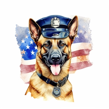 watercolor clipart, cute Belgian Malinois, in style policeman, Police Badge collar, Police Uniform, police Hat or Cap, background american Flag, suitable for printing, hyper detailed, 300 dpi, 8k, high solution, no watermark