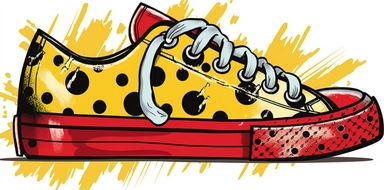 animal clip art spotted dog clipart, in the style of japanese traditional art influence, yellow and red, shoe paintings, trompe-l'œil illusionistic detail, aerial view, cultural satire graffiti, double lines