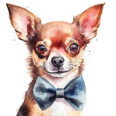 Playful Chihuahua wearing a cute bowtie, with its ears perked up and a mischievous grin on its face, white background, watercolor clipart.