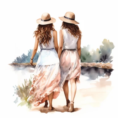 Watercolor drawing of two women, female friendship, watercolor clipart, white background, isolated on white, 8k, watercolor style