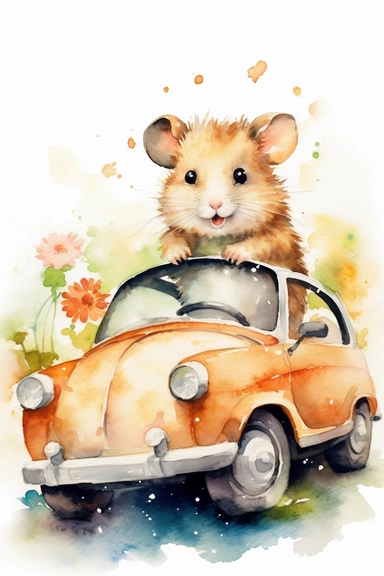 Create a watercolor clipart picture of a hamster driving a car, white background. The hamster should have a cute and happy expression, with its fur depicted in soft watercolor textures. Surround the hamster with small flowers and greenery, adding a whimsical touch to the scene.