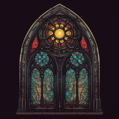gothic, vintage, single cathedral window, glass, fancy scrolling, illustration, colored, vector art, clipart, graphic design, blank background, evoking emotion, detailed image