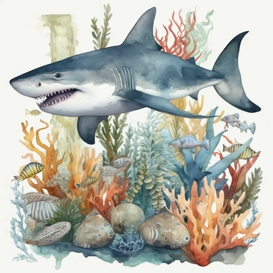 watercolor clipart consist of shark playing around corals and seaweed. The shark is fullbody start from the head untill the tail. The fullbody shark not covered by anything. The great white shark use realistic proportion as original great white shark. Pro