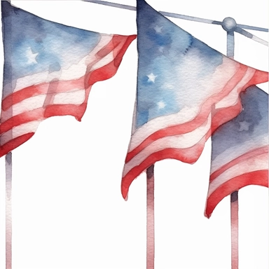 banner flags, in the style of fourth of july realistic and hyper-detailed watercolor painting, sketchfab, ahmed morsi, realistic watercolor paintings, use of common materials, handcrafted designs clipart red white and blue with white background