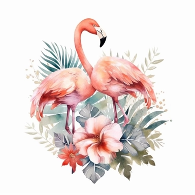 Delicate watercolor illustration, Delicate flamingo, inside the beach, watercolor illustration, clipart, watercolor cute flowers, green and grey flowers, Warm color palette, Pastel colors, White background, Cozy, Warm color palette, Pastel colors, White background, Cozy