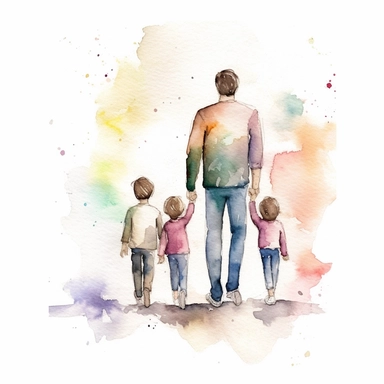 children holding father's hand, water color style, clipart, white background