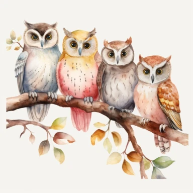 watercolor multiple owls on a tree branch, clipart