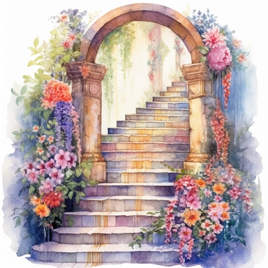 clipart, watercolor stair leading toward a waterfall, in the style of intricate, delicate flower and garden paintings, stone, rough clusters, small brushstrokes, arched doorways, colorful gardens, white background