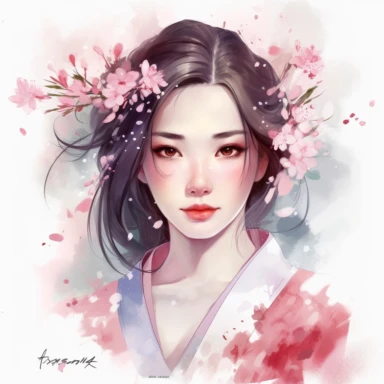 watercolor Disney Mulan with a serene expression, surrounded by cherry blossoms, clipart, white background, by Kawacy