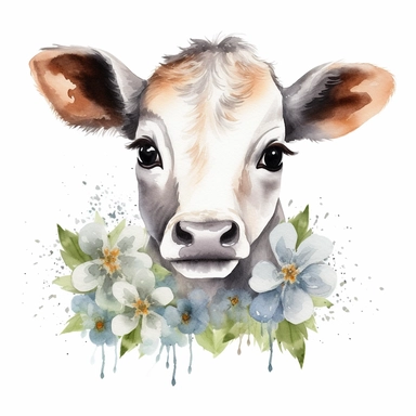 Cute watercolor whole baby cow clipart with flower, nursery art style, white background