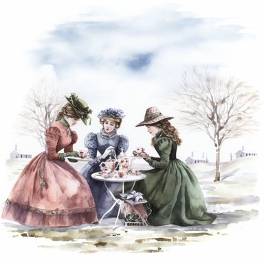 complex watercolor illustration of four victorian women/ladies having a Garden Tea party in a euphoric winter landscape, cottagecore, in KARL MARTENS style isolated,concept,art,8k,hd,watercolor,detailed,white backround,clipart