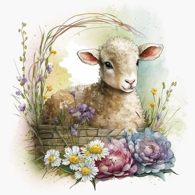 an adorable watercolour easter baby lamb with big eyes surrounded by flowers and easter eggs clipart, in a cozy and rustic barn. The lamb is sitting on a bed of hay, with baskets of colorful easter eggs and bouquets of wildflowers nearby. The atmosphere is warm and inviting, with a touch of nostalgia. Artwork, painted with watercolors and ink